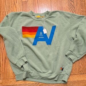 Aviator Nation Olive Crewneck Sweatshirt with Blue and Red-Yellow Logo Size Smal